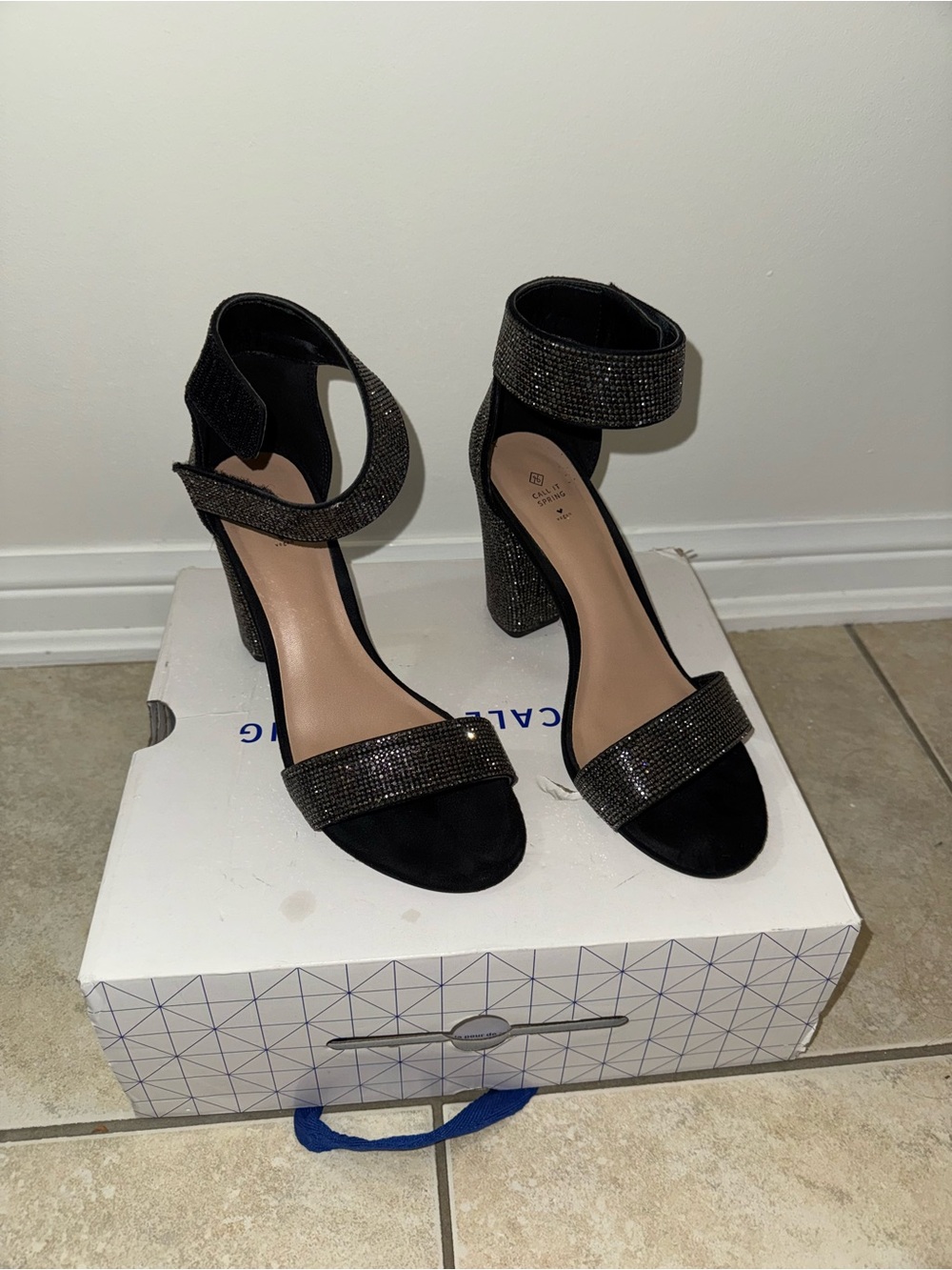 Call It Spring Black Rhinestone Ankle-Strap Block Heels